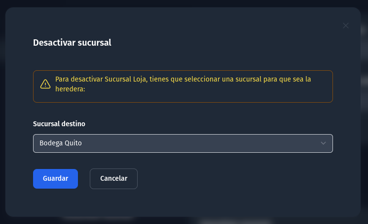 Desactivar una sucursal y mover inventario a otra